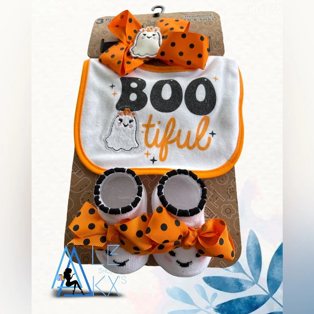 baby Halloween bib, headband, and socks set with a 